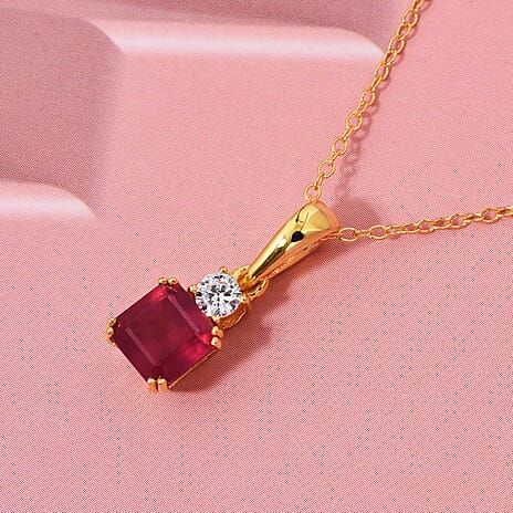 Luxuriant African Ruby & Lab Grown Diamond Pendant with Chain (Size 20) in Yellow Gold Plated Sterling Silver 1.73 Ct.