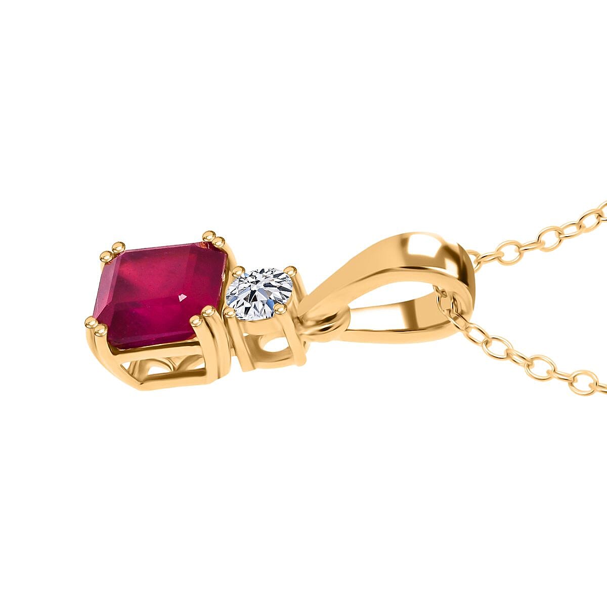 Luxuriant African Ruby & Lab Grown Diamond Pendant with Chain (Size 20) in Yellow Gold Plated Sterling Silver 1.73 Ct.