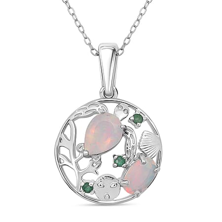 D'Joy Ethiopian Opal & Emerald Pendant with Chain (Size 20) in Rhodium Overlay Sterling Silver