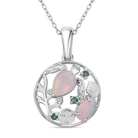 D'Joy Ethiopian Opal & Emerald Pendant with Chain (Size 20) in Rhodium Overlay Sterling Silver