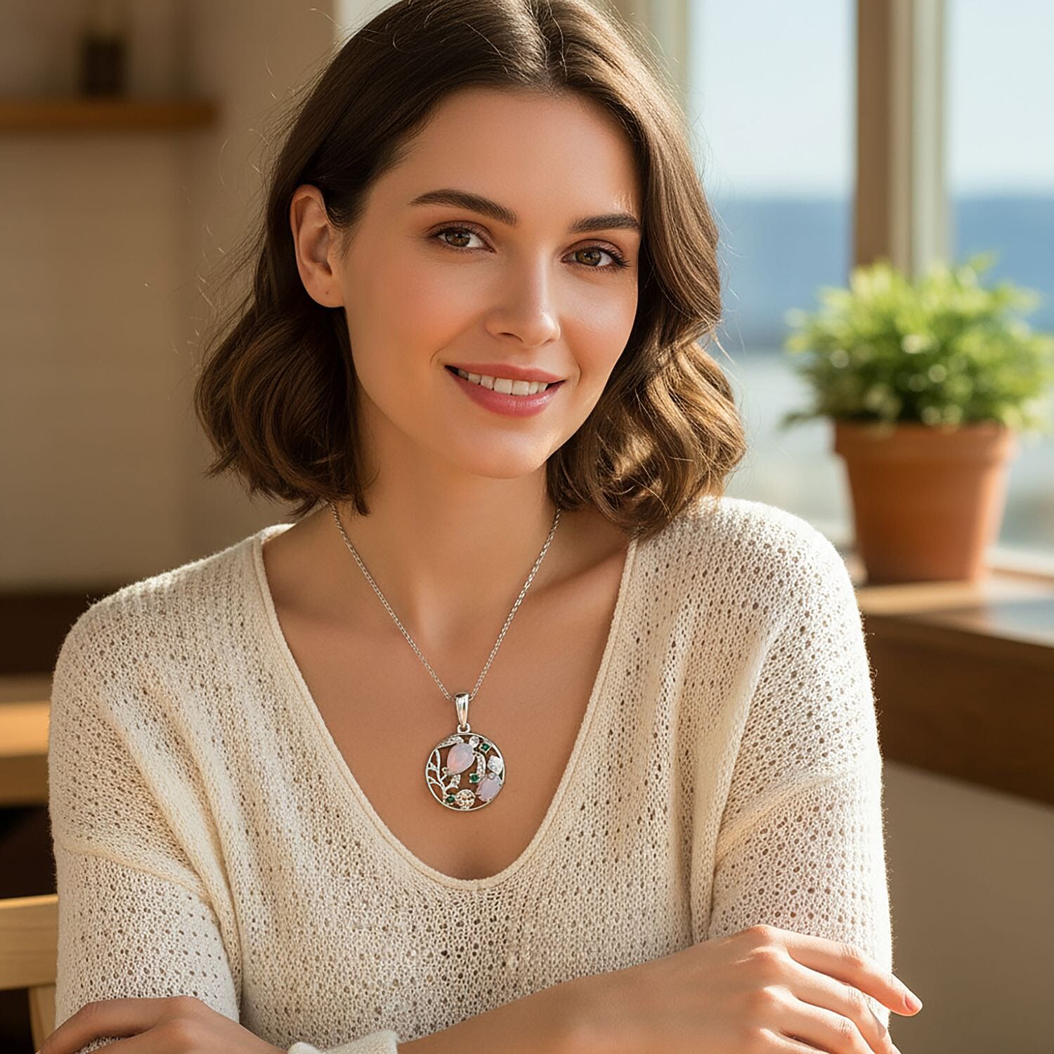 D'Joy Ethiopian Opal & Emerald Pendant with Chain (Size 20) in Rhodium Overlay Sterling Silver