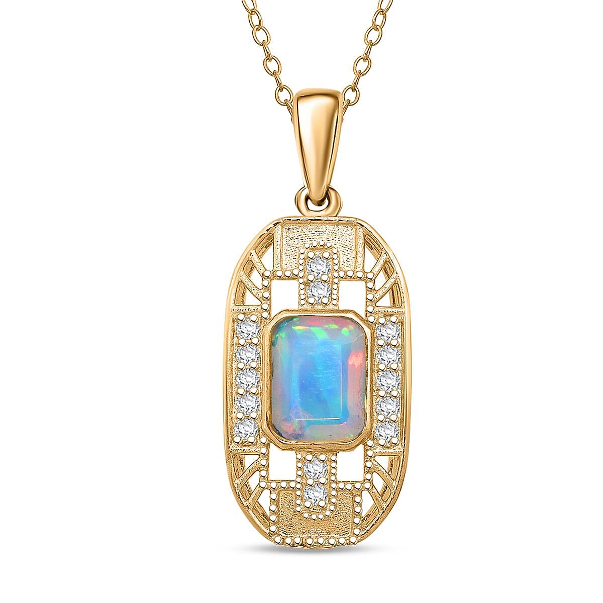 D'Joy Ethiopian Opal & White Zircon Pendant with Chain (Size 20) in Yellow Gold Plated Sterling Silver 1.26 Ct.