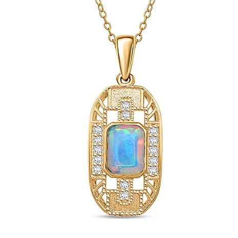 D'Joy Ethiopian Opal & White Zircon Pendant with Chain (Size 20) in Yellow Gold Plated Sterling Silver 1.26 Ct.