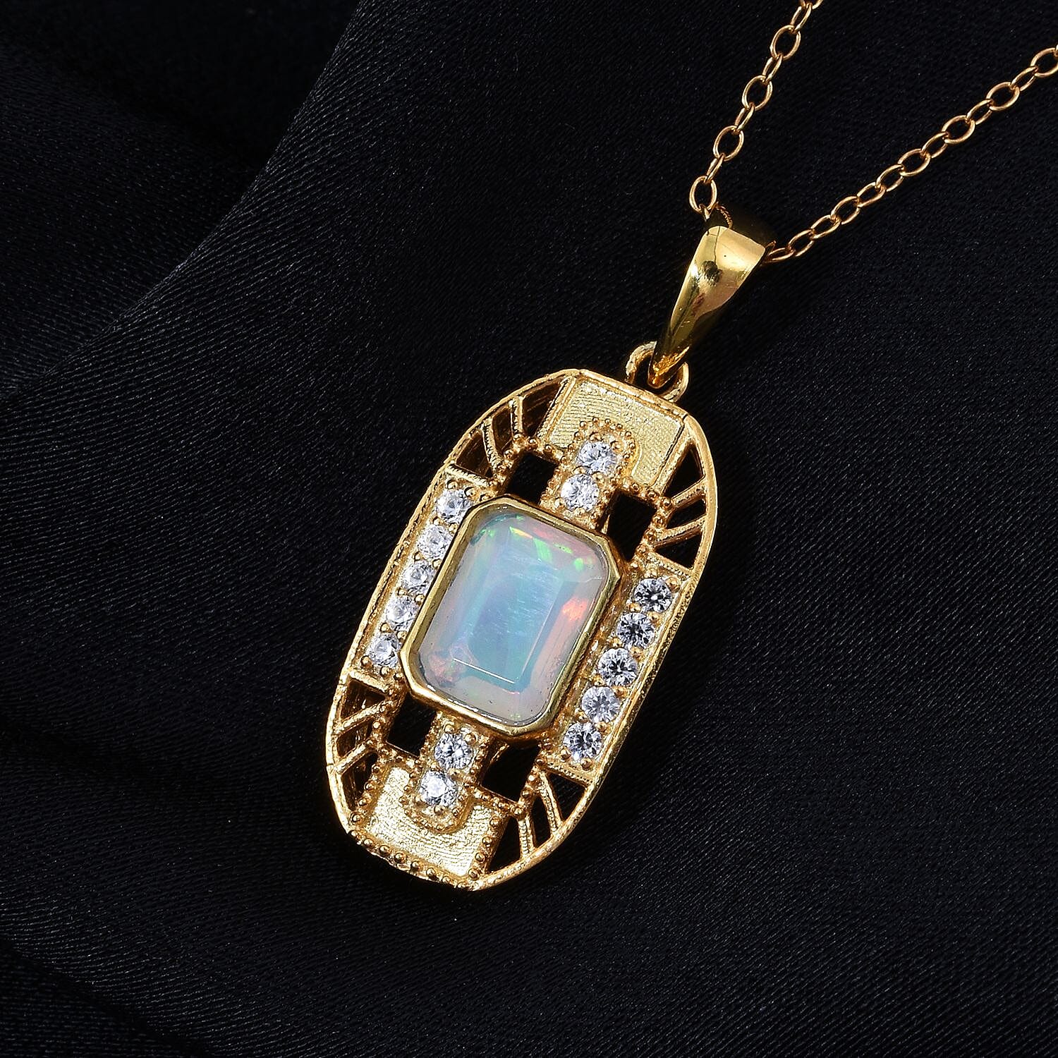 D'Joy Ethiopian Opal & White Zircon Pendant with Chain (Size 20) in Yellow Gold Plated Sterling Silver 1.26 Ct.