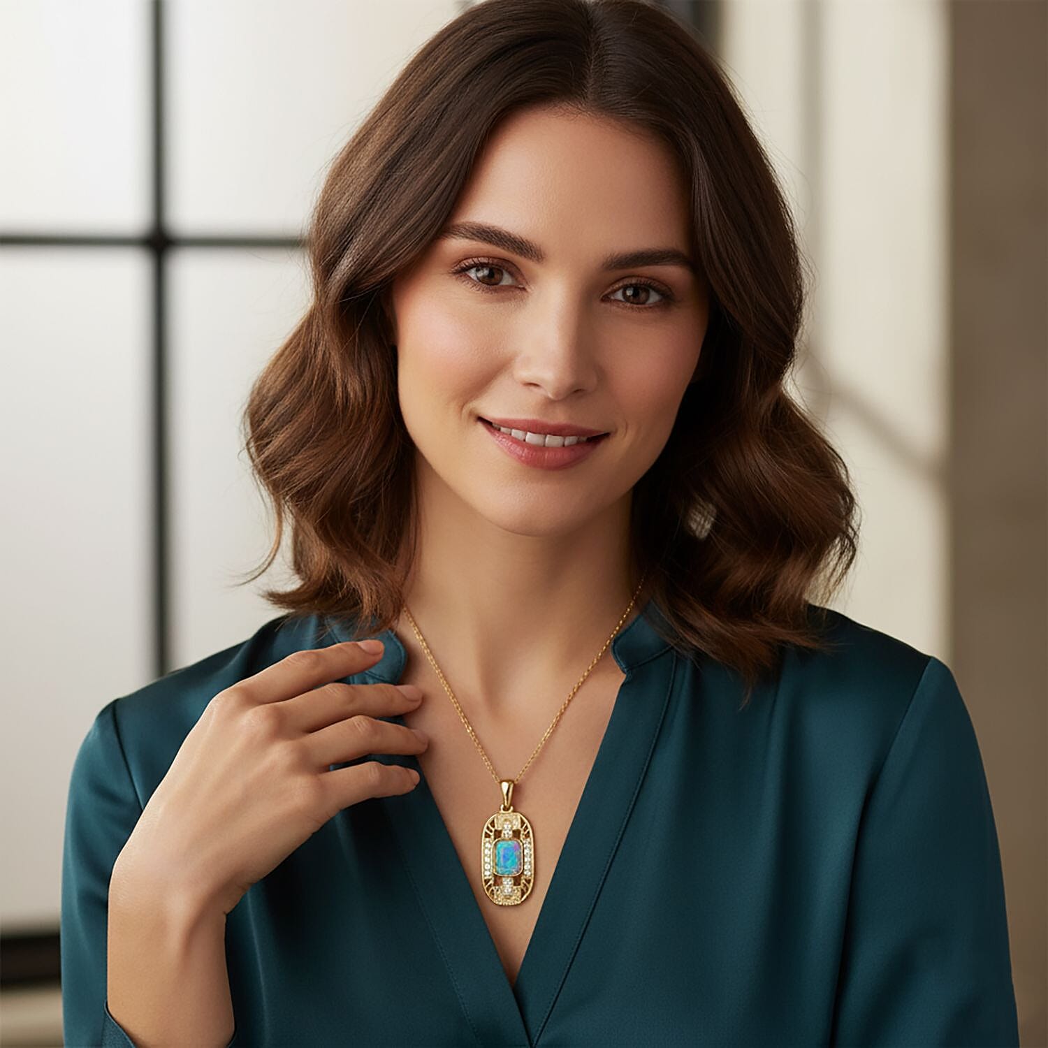 D'Joy Ethiopian Opal & White Zircon Pendant with Chain (Size 20) in Yellow Gold Plated Sterling Silver 1.26 Ct.