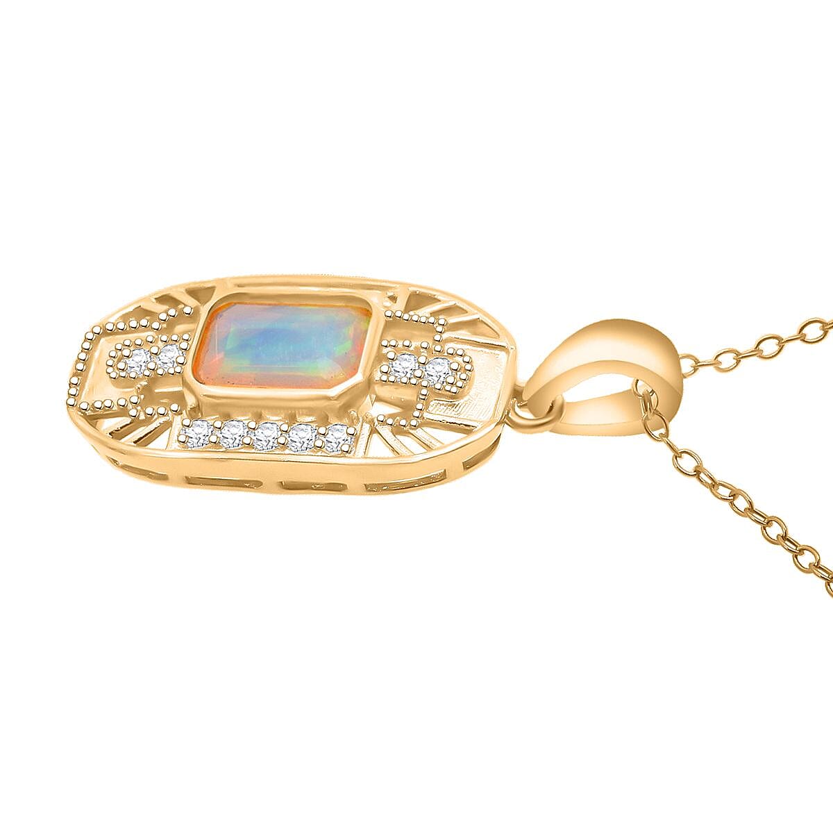 D'Joy Ethiopian Opal & White Zircon Pendant with Chain (Size 20) in Yellow Gold Plated Sterling Silver 1.26 Ct.