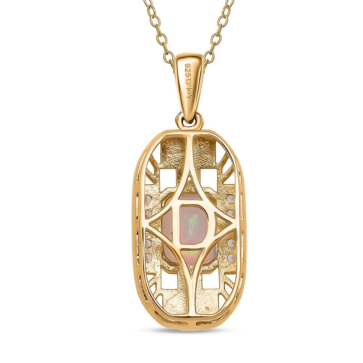 D'Joy Ethiopian Opal & White Zircon Pendant with Chain (Size 20) in Yellow Gold Plated Sterling Silver 1.26 Ct.