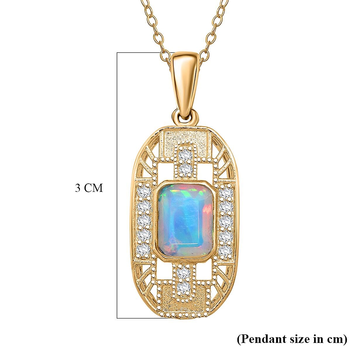 D'Joy Ethiopian Opal & White Zircon Pendant with Chain (Size 20) in Yellow Gold Plated Sterling Silver 1.26 Ct.