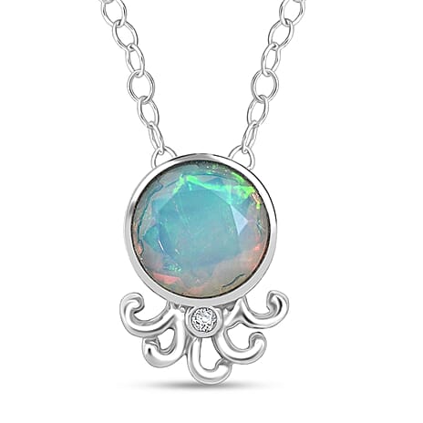 D'joy Ethiopian Opal & Moissanite Pendant with Chain (Size 20) in Rhodium Overlay Sterling Silver