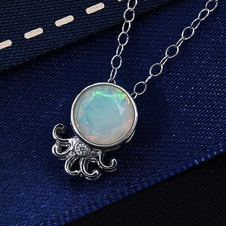 D'joy Ethiopian Opal & Moissanite Pendant with Chain (Size 20) in Rhodium Overlay Sterling Silver