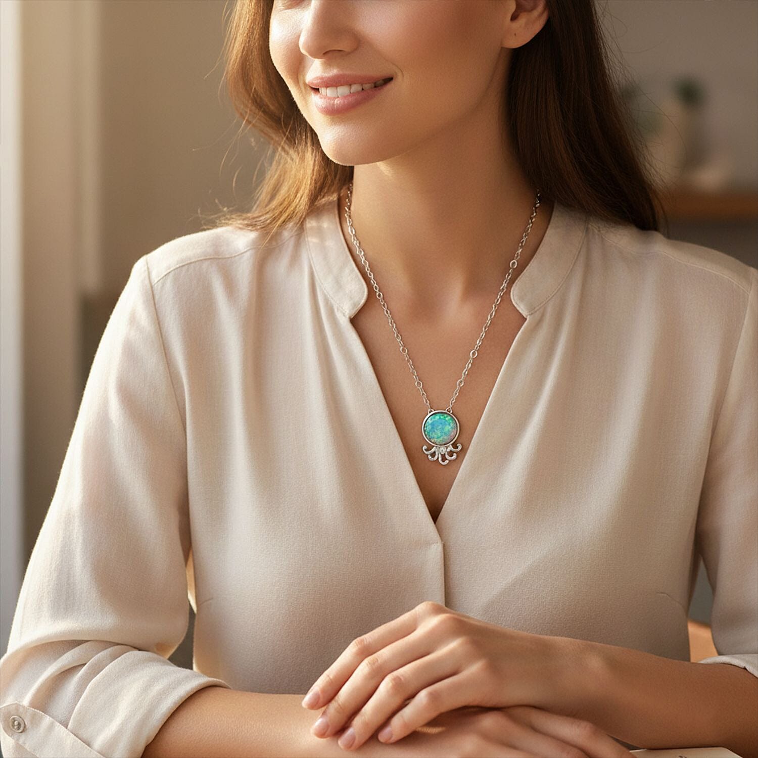 D'joy Ethiopian Opal & Moissanite Pendant with Chain (Size 20) in Rhodium Overlay Sterling Silver