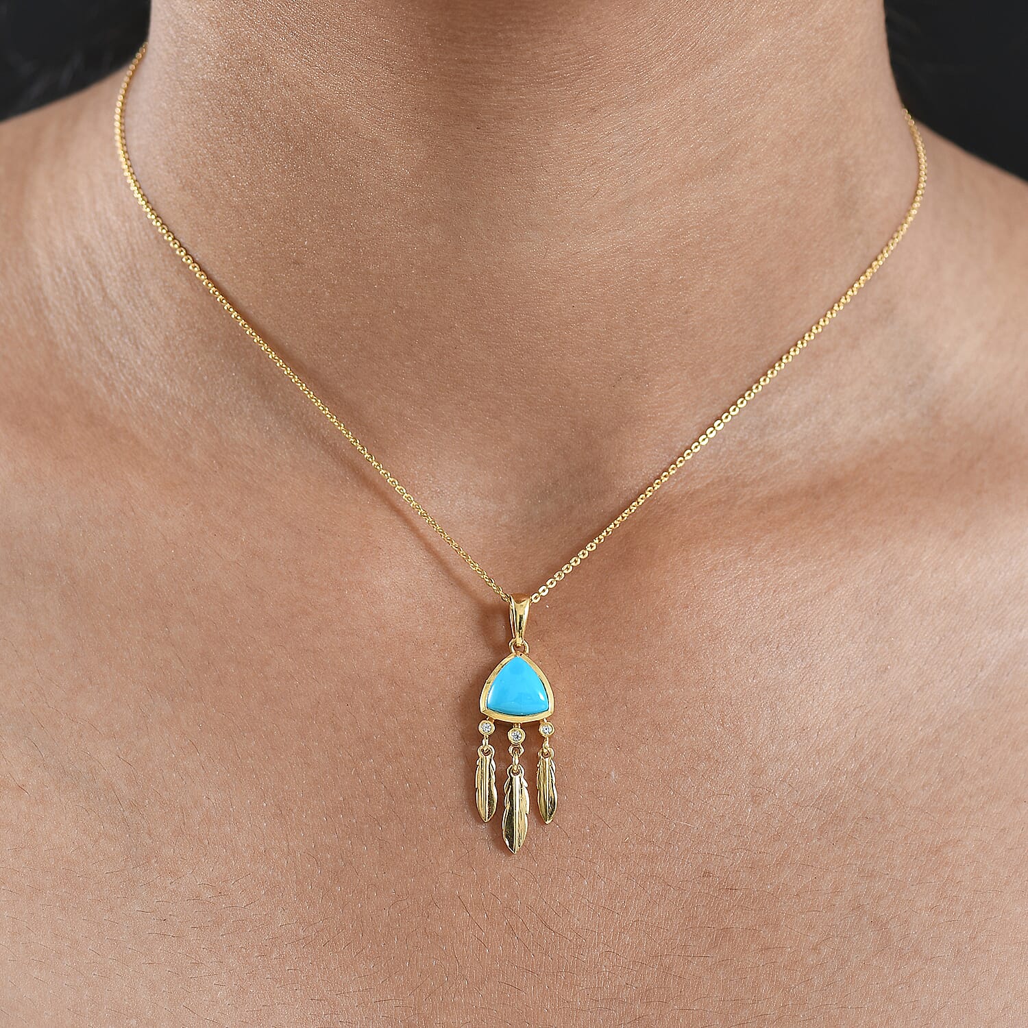 D'Joy Sleeping Beauty Turquoise & White Zircon Pendant with Chain (Size 20) in 18K Yellow Gold Plating Sterling Silver 1.82 Ct.