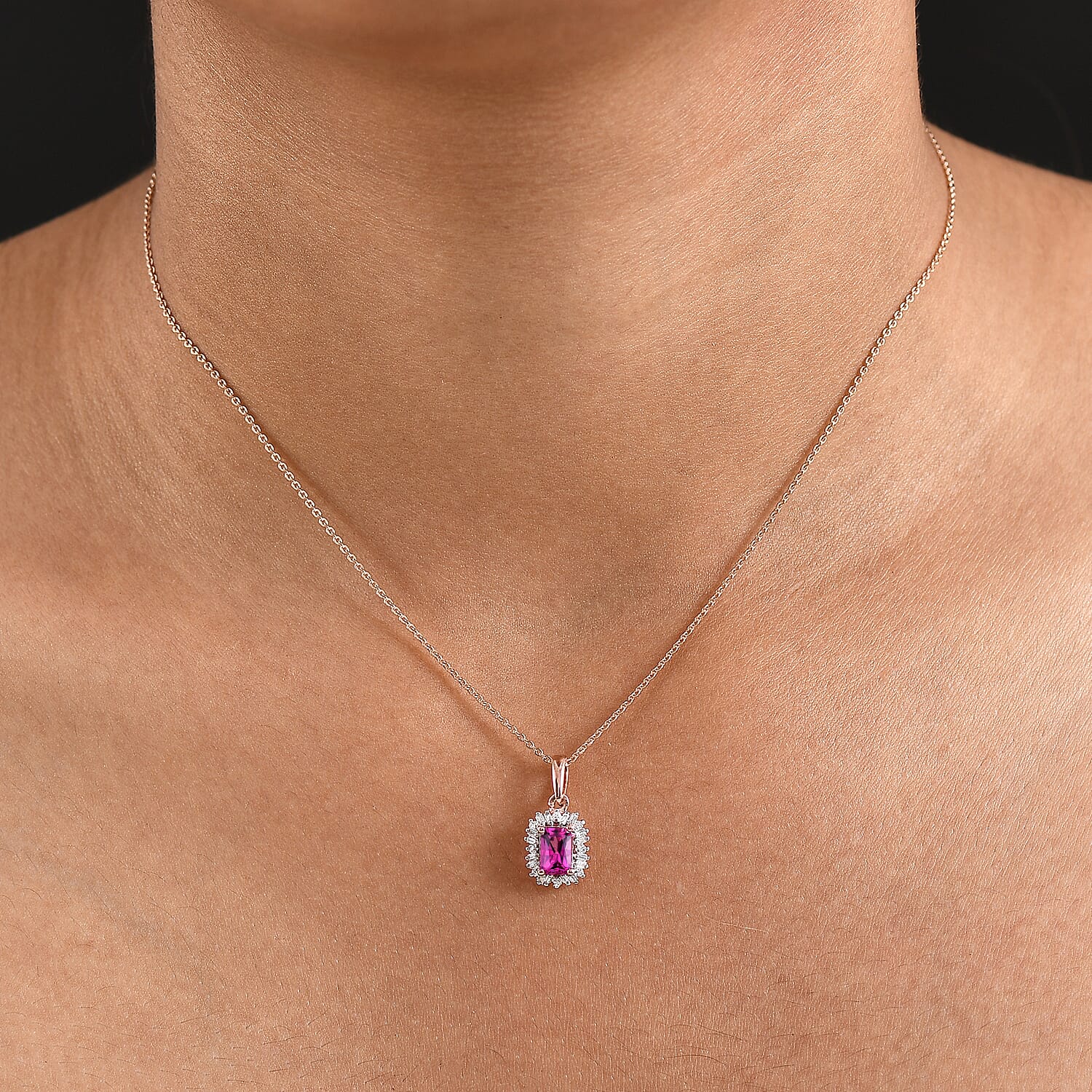 Luxuriant Lab Grown Bixbite & Lab Grown Diamond (SI-GH) Pendant with Chain (Size 20) in 18K Vermeil Rose Gold Plated Sterling Silver