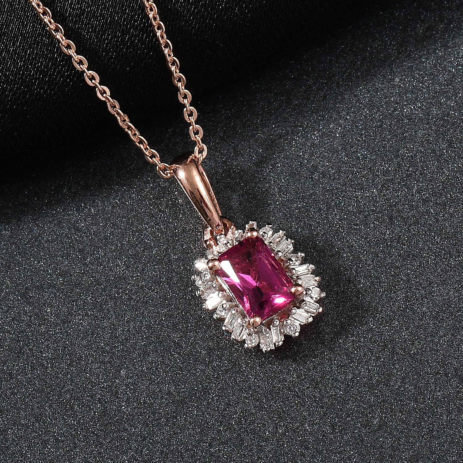 Luxuriant Lab Grown Bixbite & Lab Grown Diamond (SI-GH) Pendant with Chain (Size 20) in 18K Vermeil Rose Gold Plated Sterling Silver