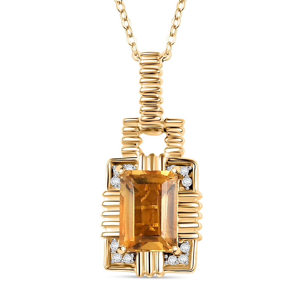 D'Joy Serra Gaucha Citrine & White Zircon Pendant with Chain (Size 20) in 18K Yellow Gold Plating Sterling Silver 1.12 Ct, Silver Wt. 5.19 Gms.