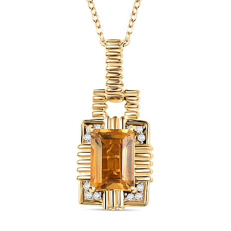 D'Joy Serra Gaucha Citrine & White Zircon Pendant with Chain (Size 20) in 18K Yellow Gold Plating Sterling Silver 1.12 Ct, Silver Wt. 5.19 Gms.