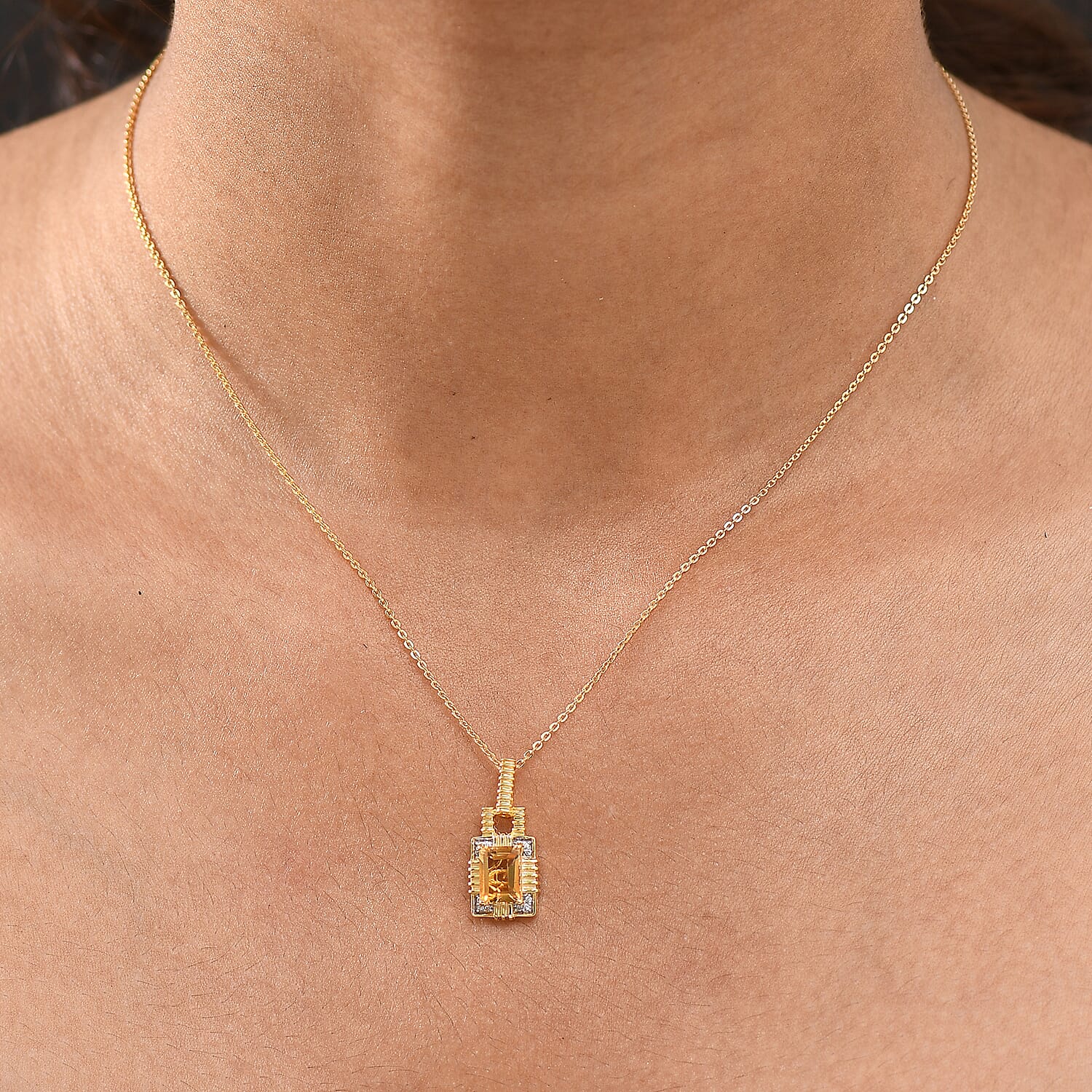 D'Joy Serra Gaucha Citrine & White Zircon Pendant with Chain (Size 20) in 18K Yellow Gold Plating Sterling Silver 1.12 Ct, Silver Wt. 5.19 Gms.