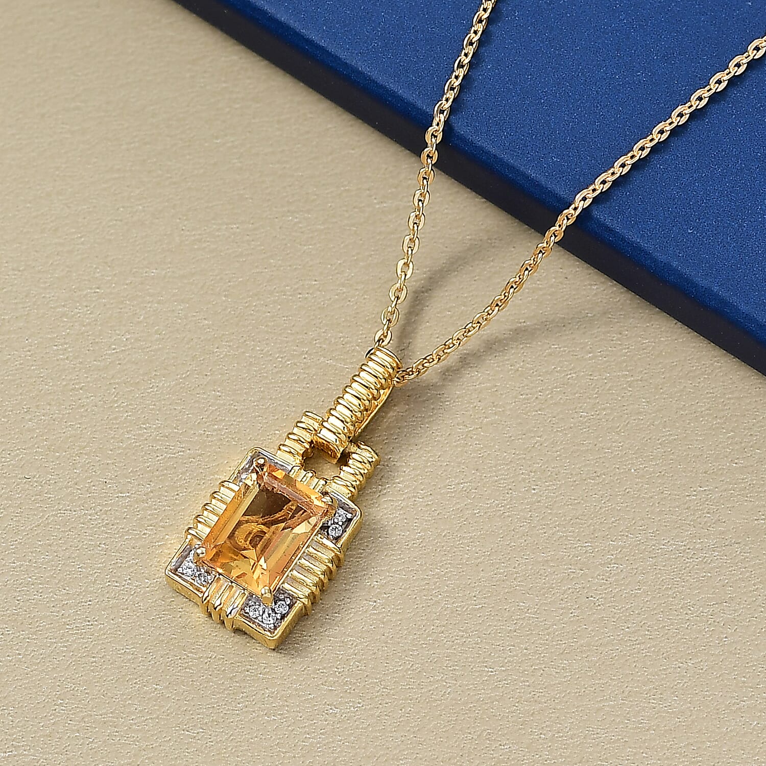 D'Joy Serra Gaucha Citrine & White Zircon Pendant with Chain (Size 20) in 18K Yellow Gold Plating Sterling Silver 1.12 Ct, Silver Wt. 5.19 Gms.