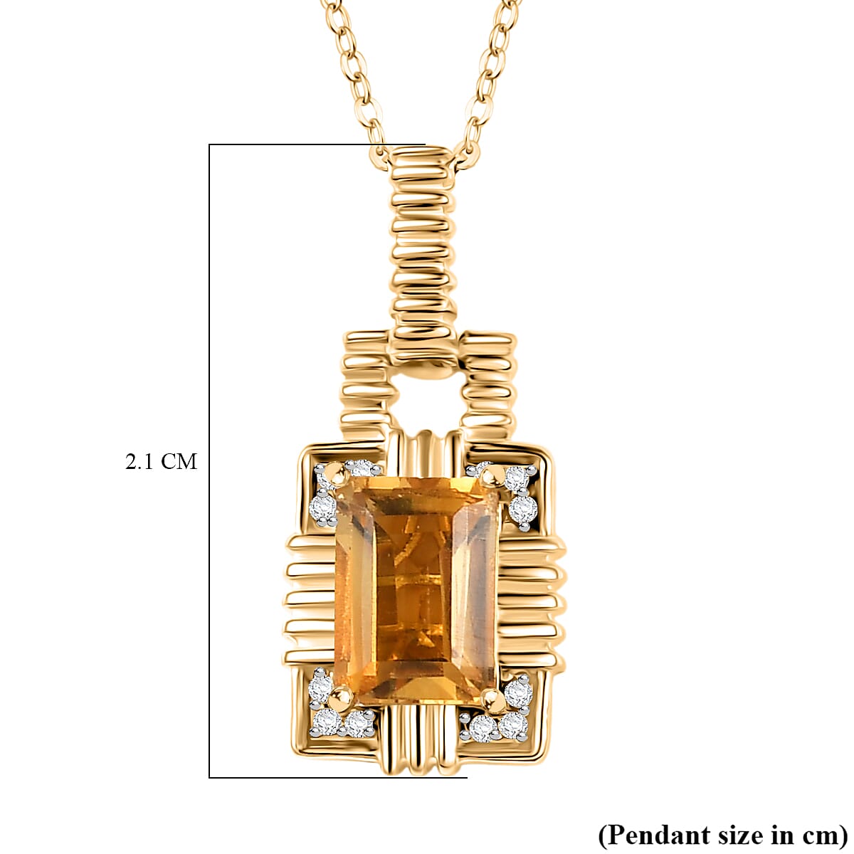 D'Joy Serra Gaucha Citrine & White Zircon Pendant with Chain (Size 20) in 18K Yellow Gold Plating Sterling Silver 1.12 Ct, Silver Wt. 5.19 Gms.