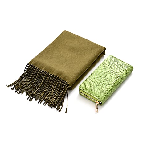 LA MAREY Croc-Embossed RFID Wallet & Fringed Scarf (180 x 70cm) - Green & Olive