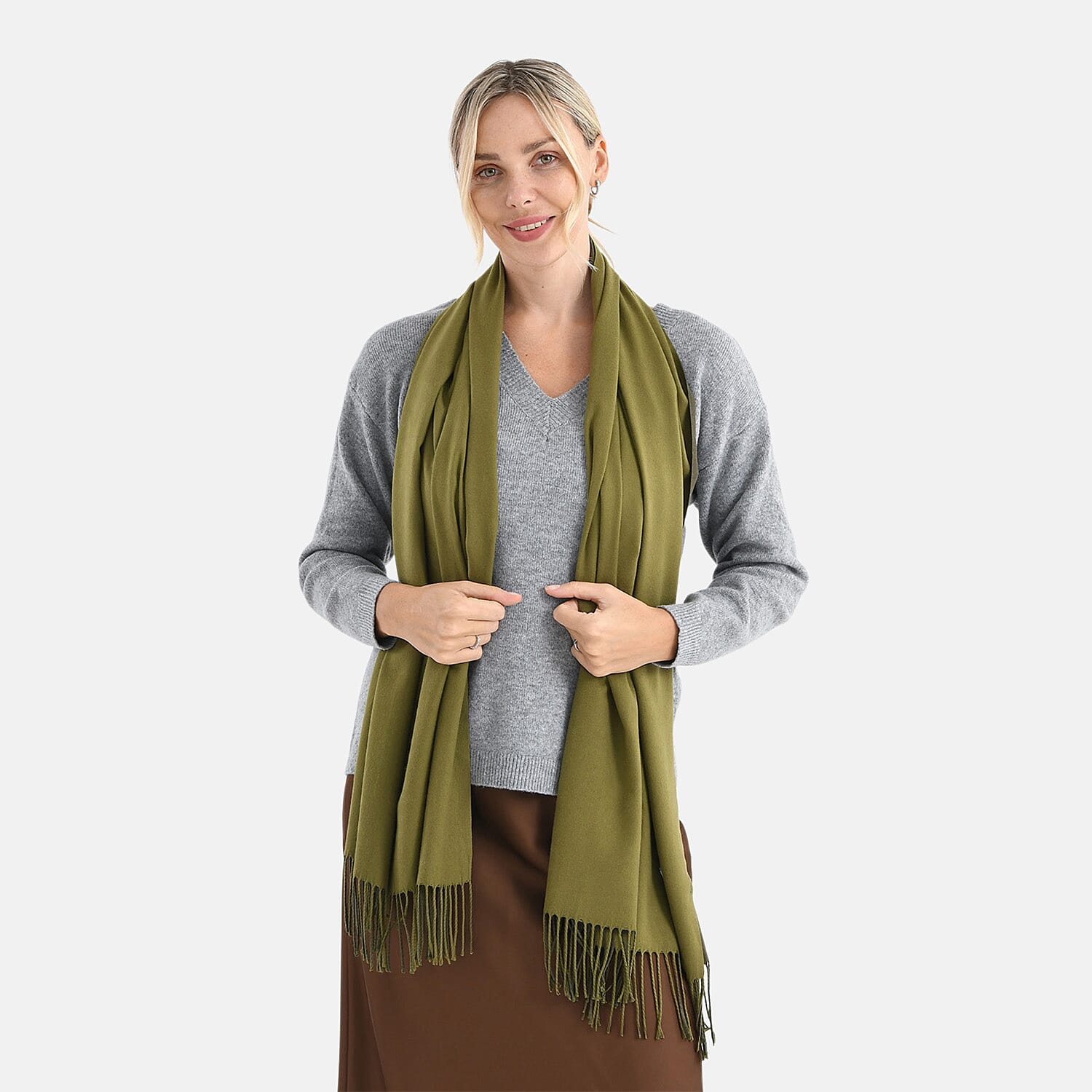 LA MAREY Croc-Embossed RFID Wallet & Fringed Scarf (180 x 70cm) - Green & Olive