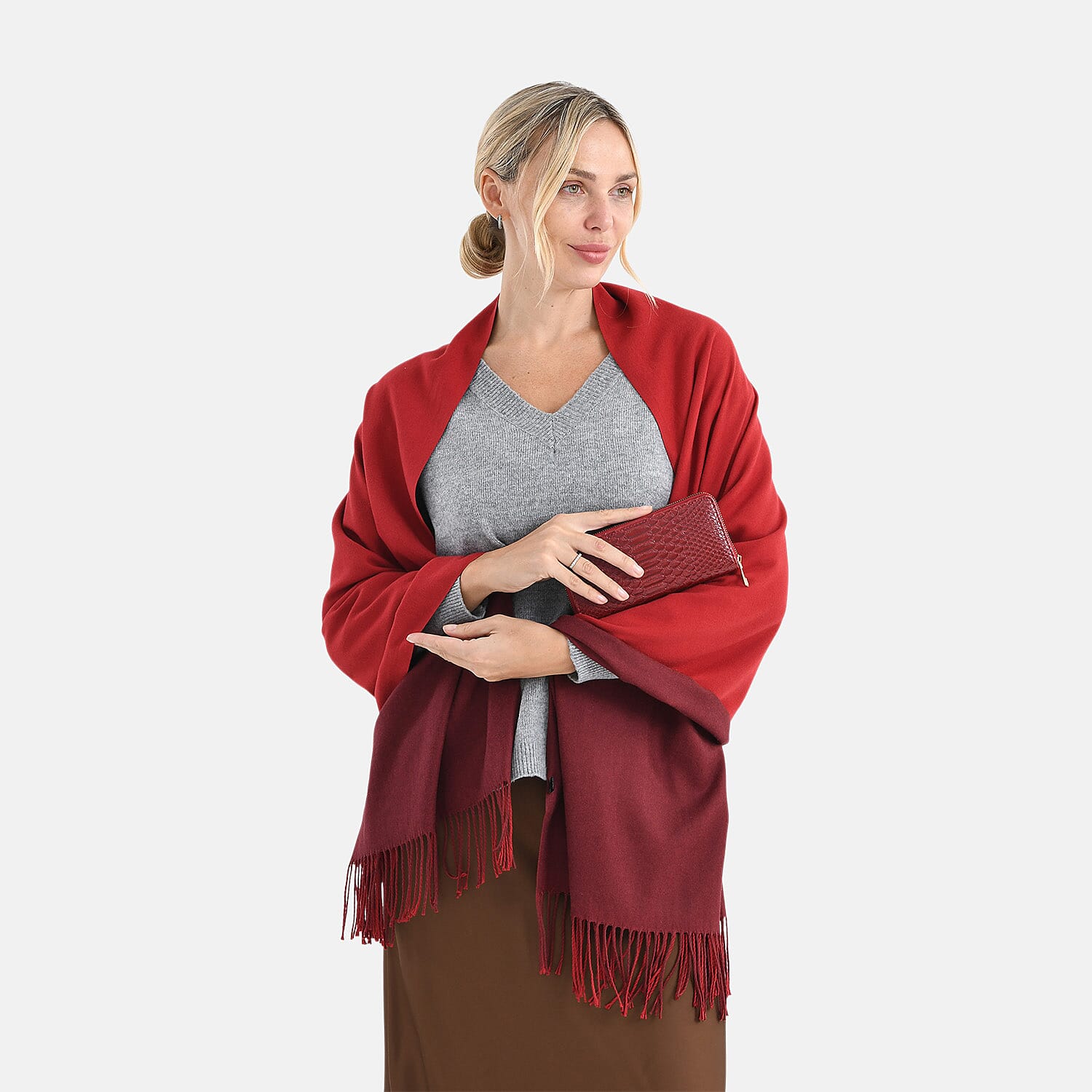 LA MAREY Croc-Embossed RFID Wallet & Fringed Scarf (180 x 70cm) - Burgundy
