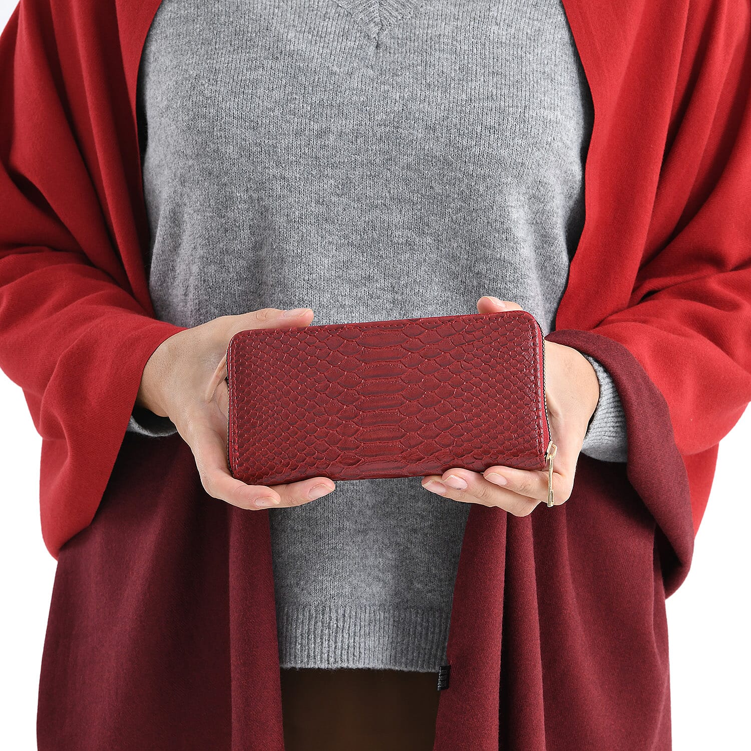 LA MAREY Croc-Embossed RFID Wallet & Fringed Scarf (180 x 70cm) - Burgundy