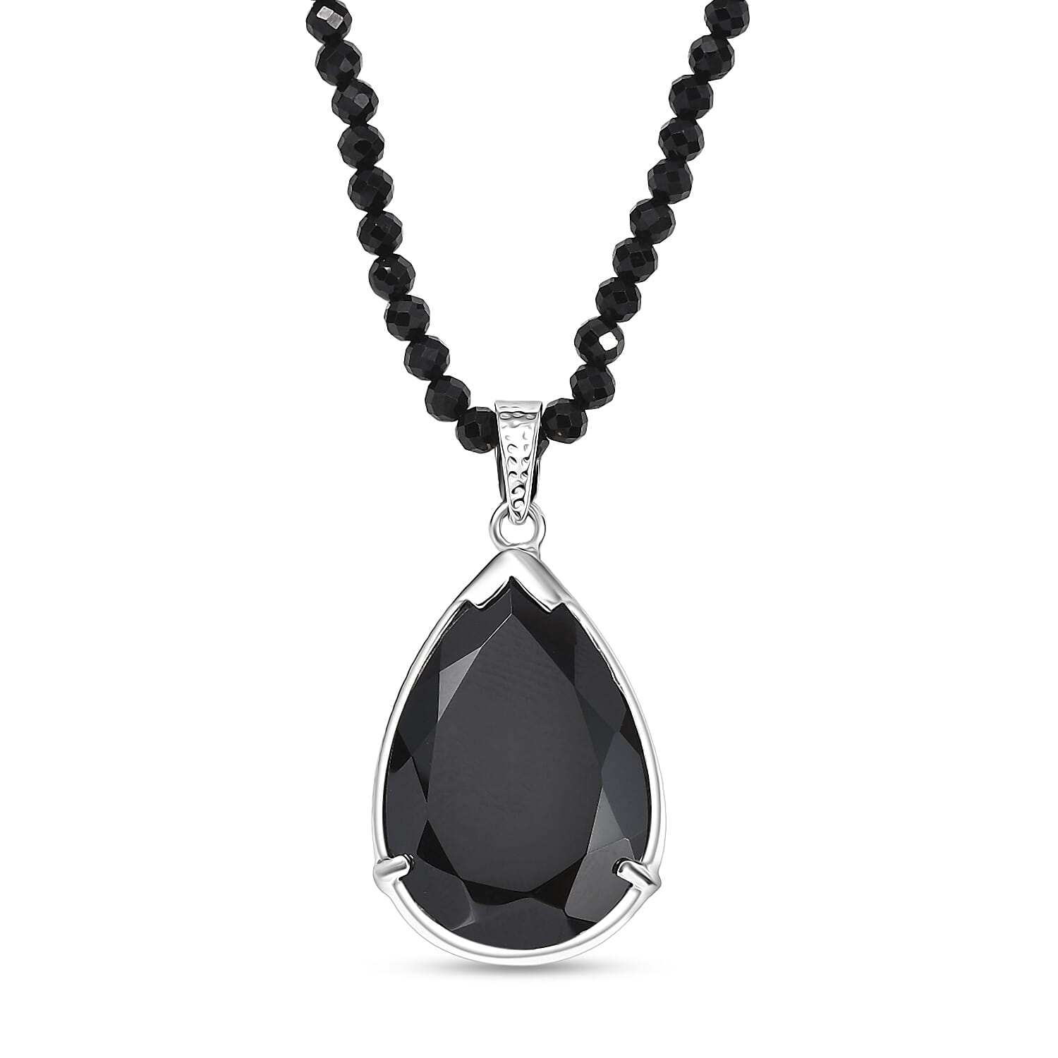 D'Joy Natural Thai Black Spinel Pendant with Beads Chain (Size 20) in Platinum Overlay Sterling Silver 96.35 Ct, Silver Wt. 9.25 Gms.