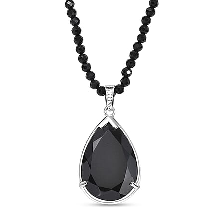 D'Joy Natural Thai Black Spinel Pendant with Beads Chain (Size 20) in Platinum Overlay Sterling Silver 96.35 Ct, Silver Wt. 9.25 Gms.