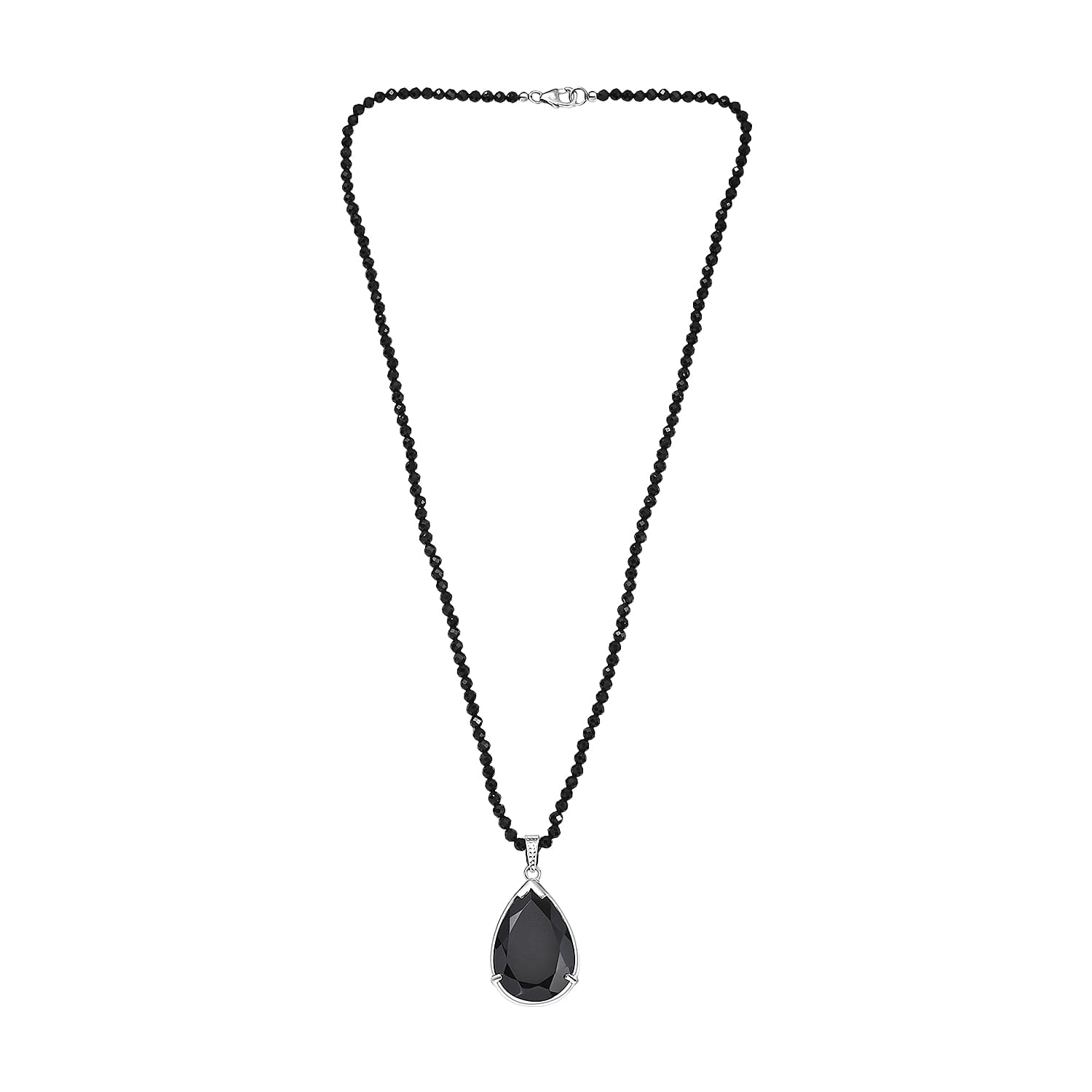 D'Joy Natural Thai Black Spinel Pendant with Beads Chain (Size 20) in Platinum Overlay Sterling Silver 96.35 Ct, Silver Wt. 9.25 Gms.