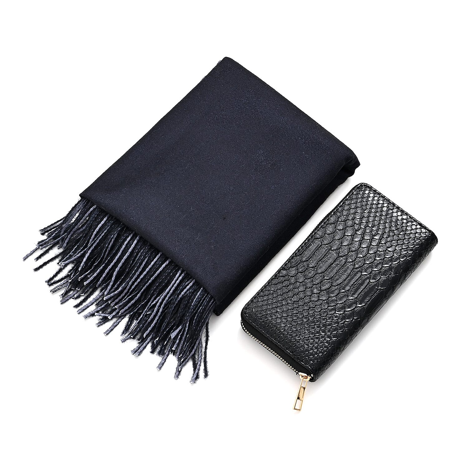 LA MAREY Croc-Embossed RFID Wallet & Fringed Scarf (180 x 70cm) -  Navy & Black