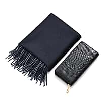 LA MAREY Croc-Embossed RFID Wallet & Fringed Scarf (180 x 70cm) -  Navy & Black