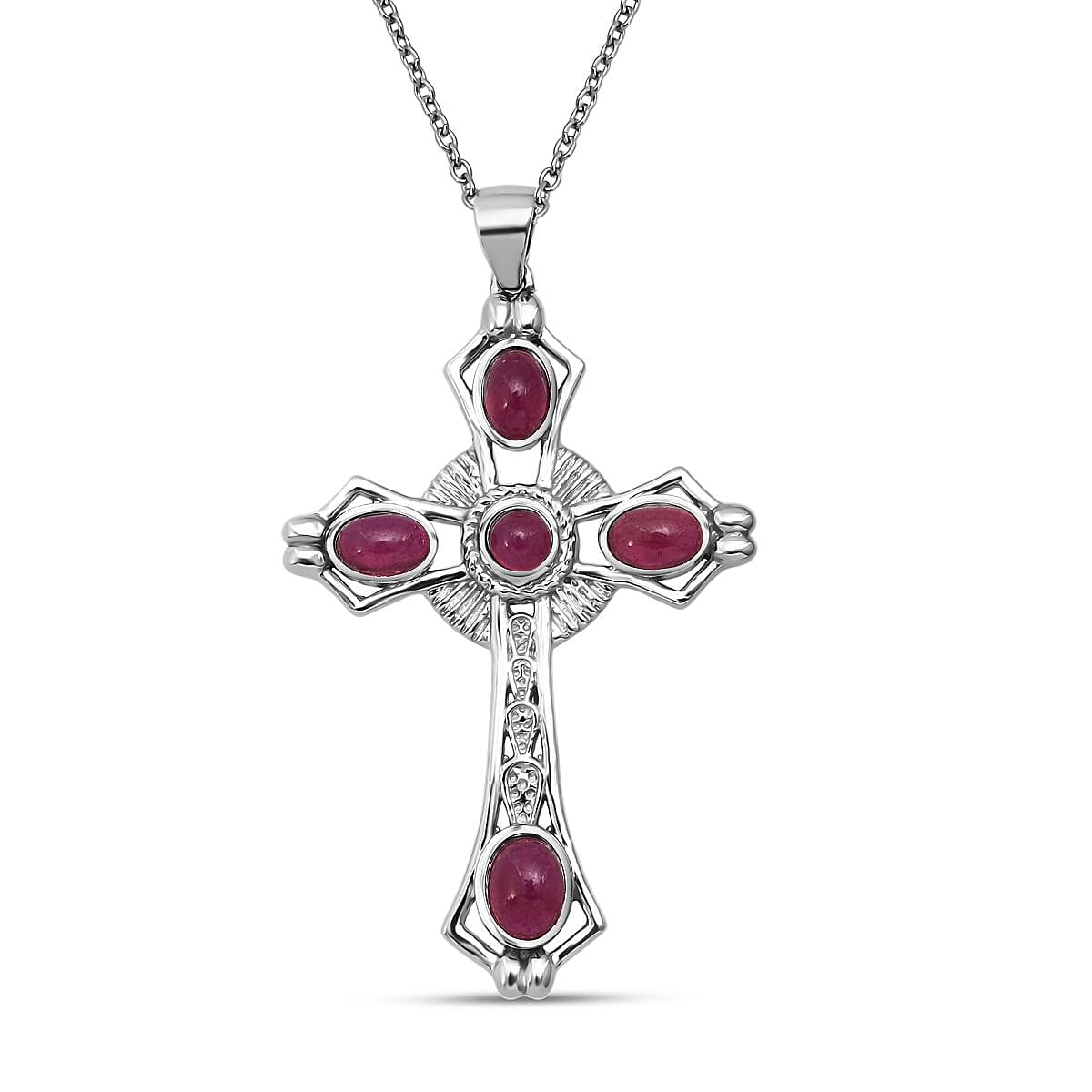 D'joy African Ruby Cross Pendant with Chain (Size 20) in Rhodium Overlay Sterling Silver 4.12 Ct.