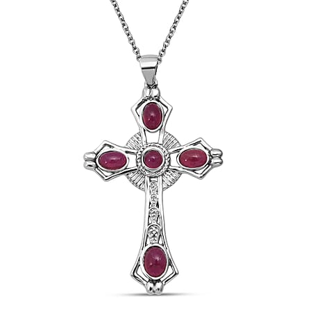 D'joy African Ruby Cross Pendant with Chain (Size 20) in Rhodium Overlay Sterling Silver 4.12 Ct.