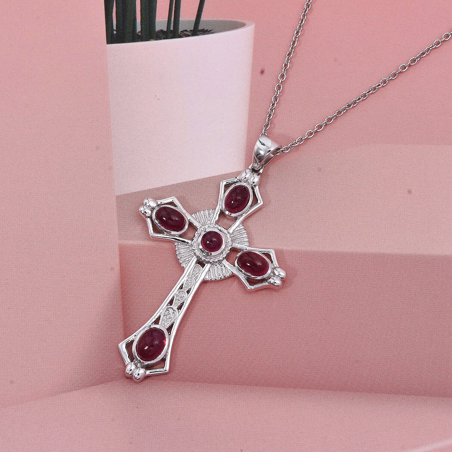 D'joy African Ruby Cross Pendant with Chain (Size 20) in Rhodium Overlay Sterling Silver 4.12 Ct.
