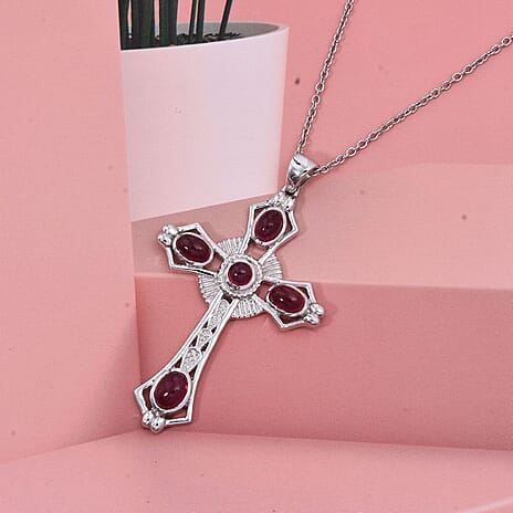 D'joy African Ruby Cross Pendant with Chain (Size 20) in Rhodium Overlay Sterling Silver 4.12 Ct.