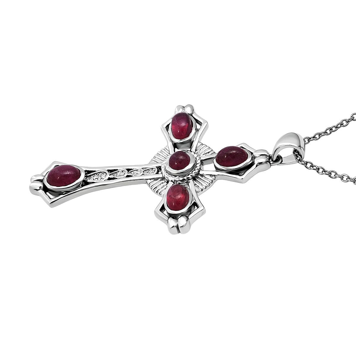 D'joy African Ruby Cross Pendant with Chain (Size 20) in Rhodium Overlay Sterling Silver 4.12 Ct.