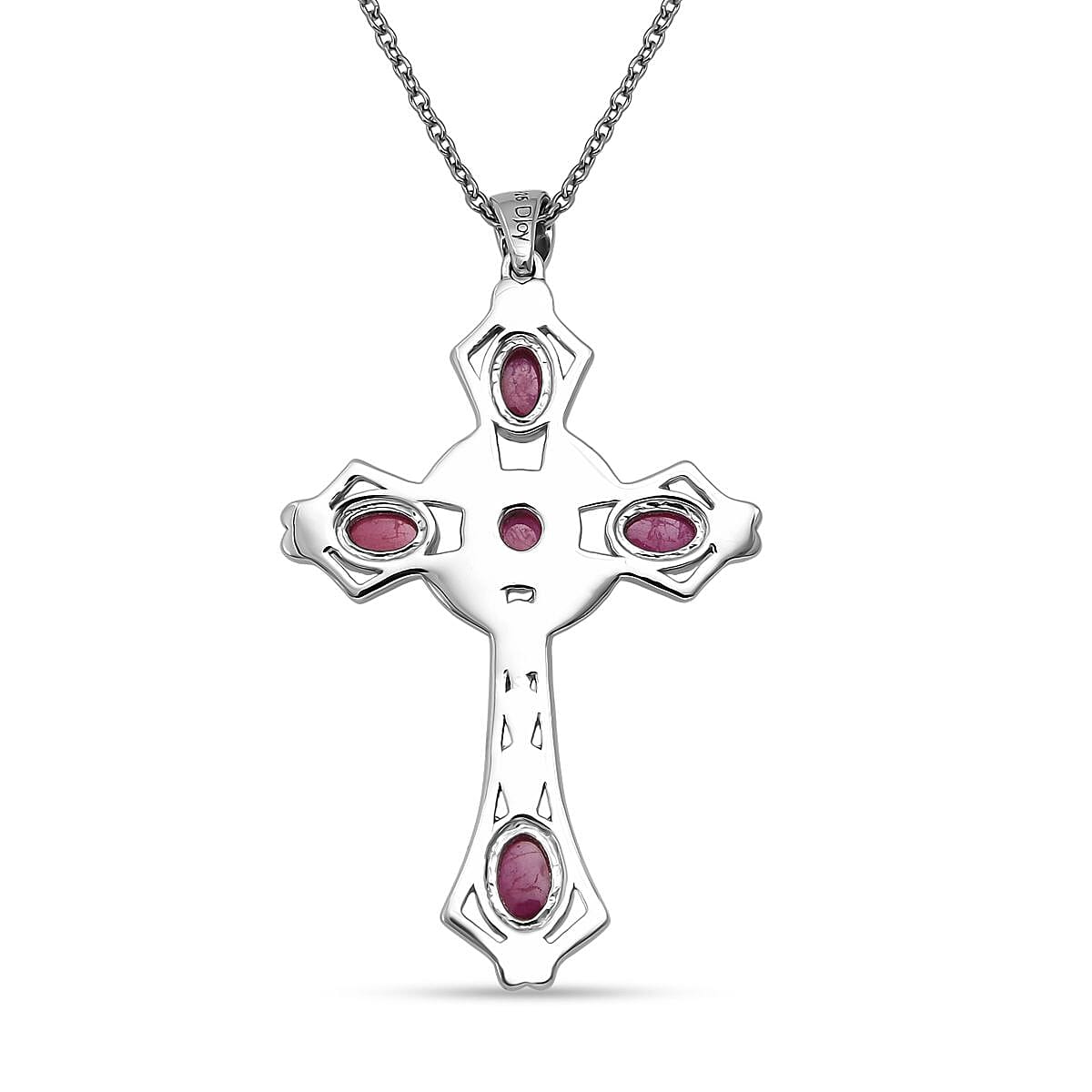 D'joy African Ruby Cross Pendant with Chain (Size 20) in Rhodium Overlay Sterling Silver 4.12 Ct.