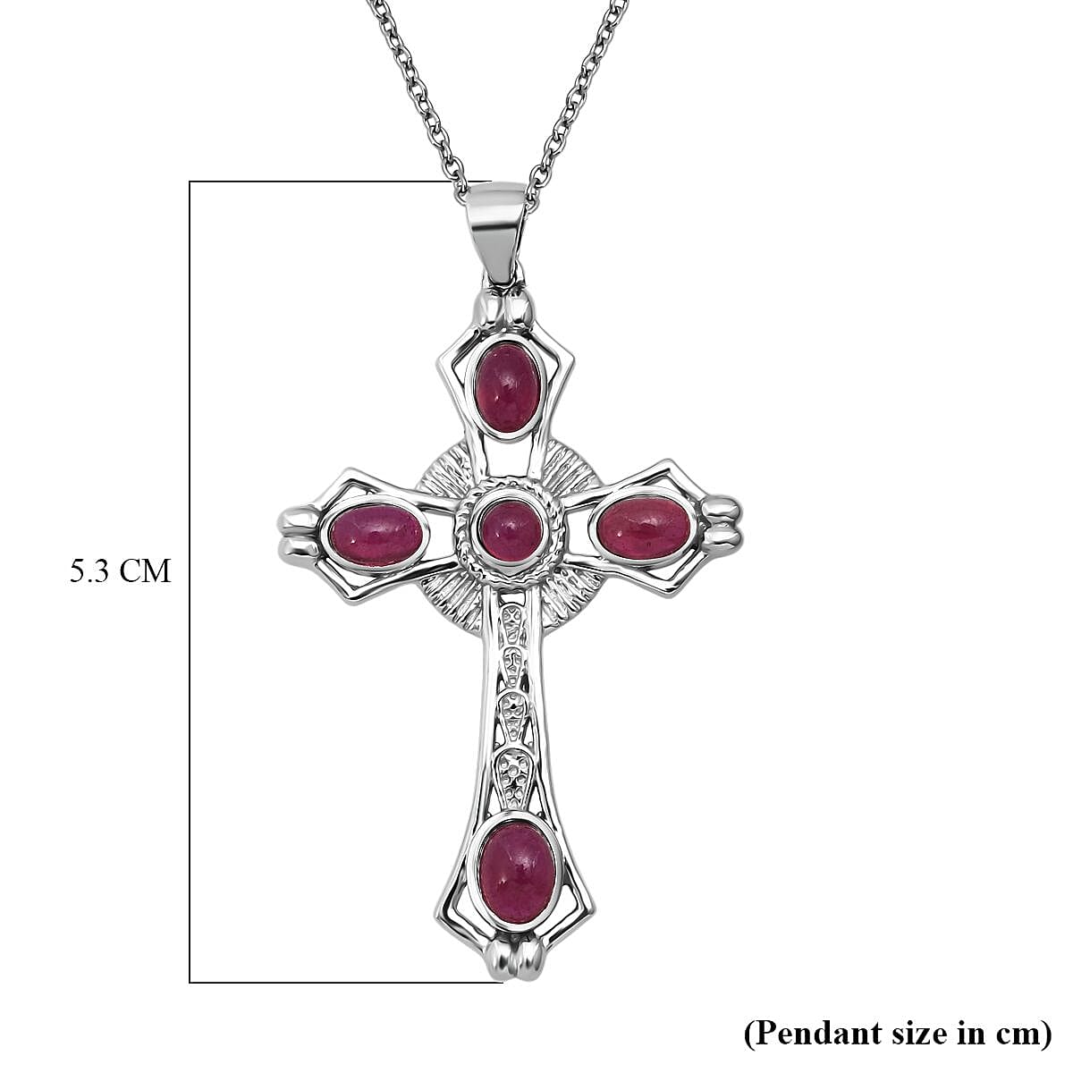 D'joy African Ruby Cross Pendant with Chain (Size 20) in Rhodium Overlay Sterling Silver 4.12 Ct.