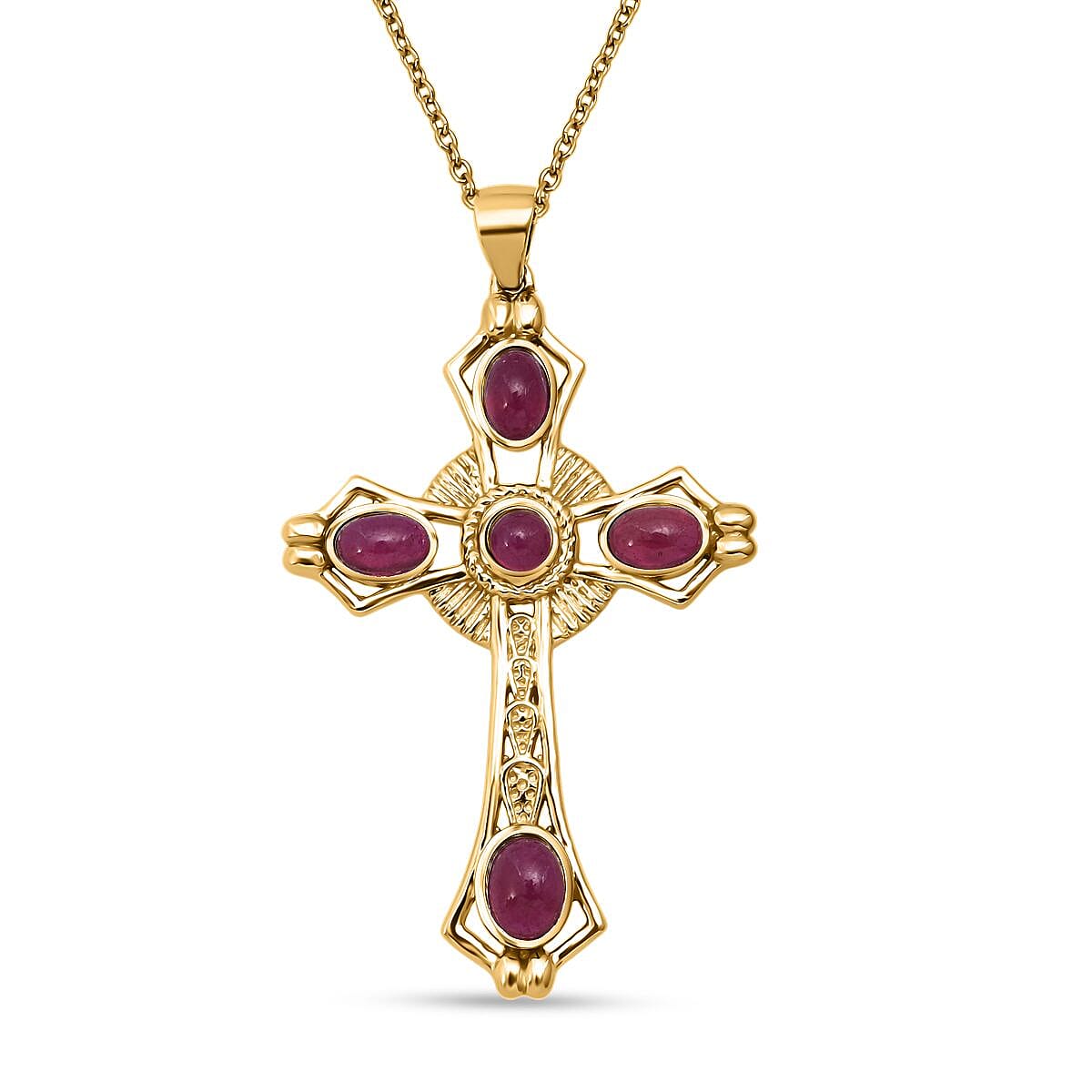 D'Joy African Ruby Cross Pendant with Chain (Size 20) in Yellow Gold Plated Sterling Silver 4.12 Ct.