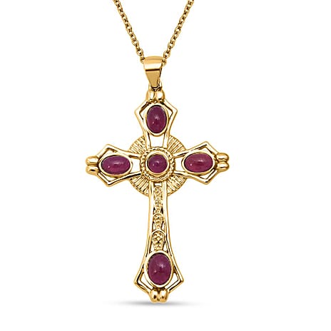 D'Joy African Ruby Cross Pendant with Chain (Size 20) in Yellow Gold Plated Sterling Silver 4.12 Ct.