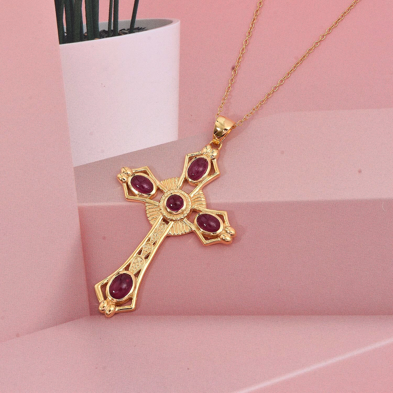 D'Joy African Ruby Cross Pendant with Chain (Size 20) in Yellow Gold Plated Sterling Silver 4.12 Ct.