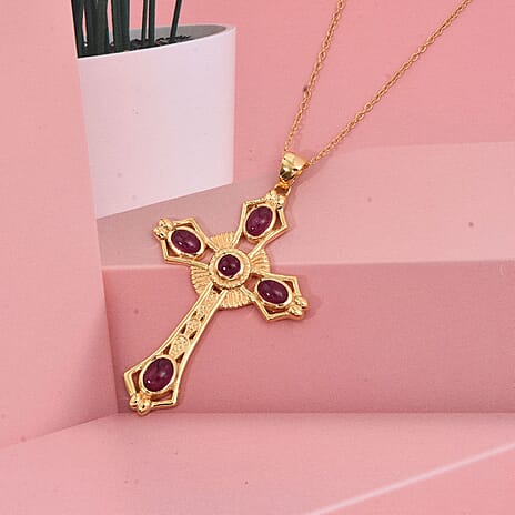 D'Joy African Ruby Cross Pendant with Chain (Size 20) in Yellow Gold Plated Sterling Silver 4.12 Ct.