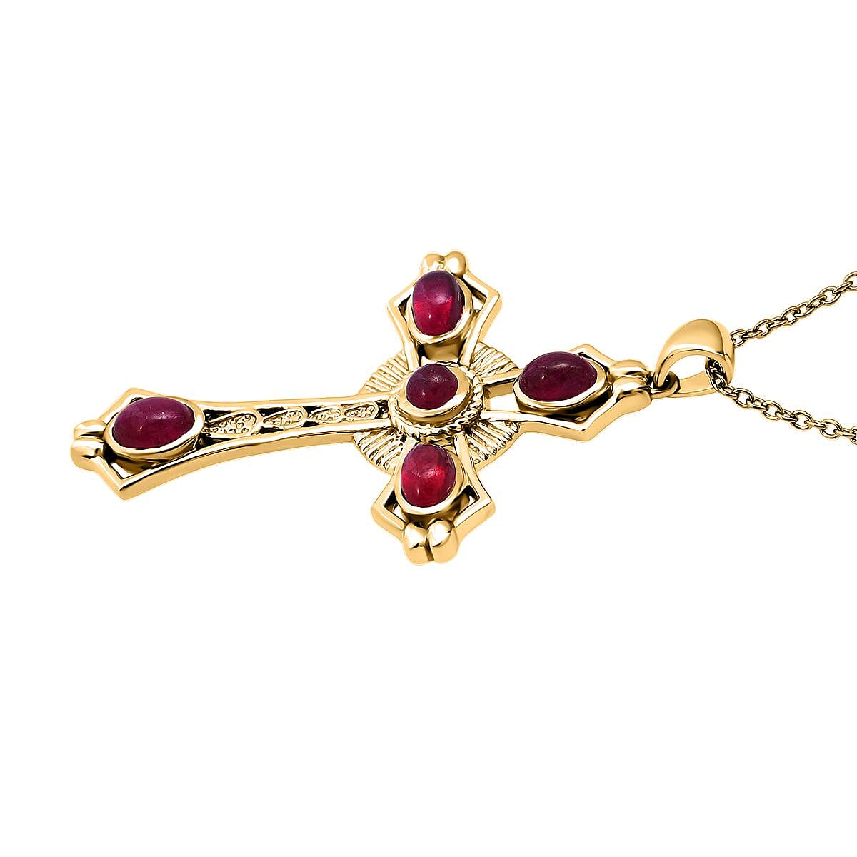D'Joy African Ruby Cross Pendant with Chain (Size 20) in Yellow Gold Plated Sterling Silver 4.12 Ct.