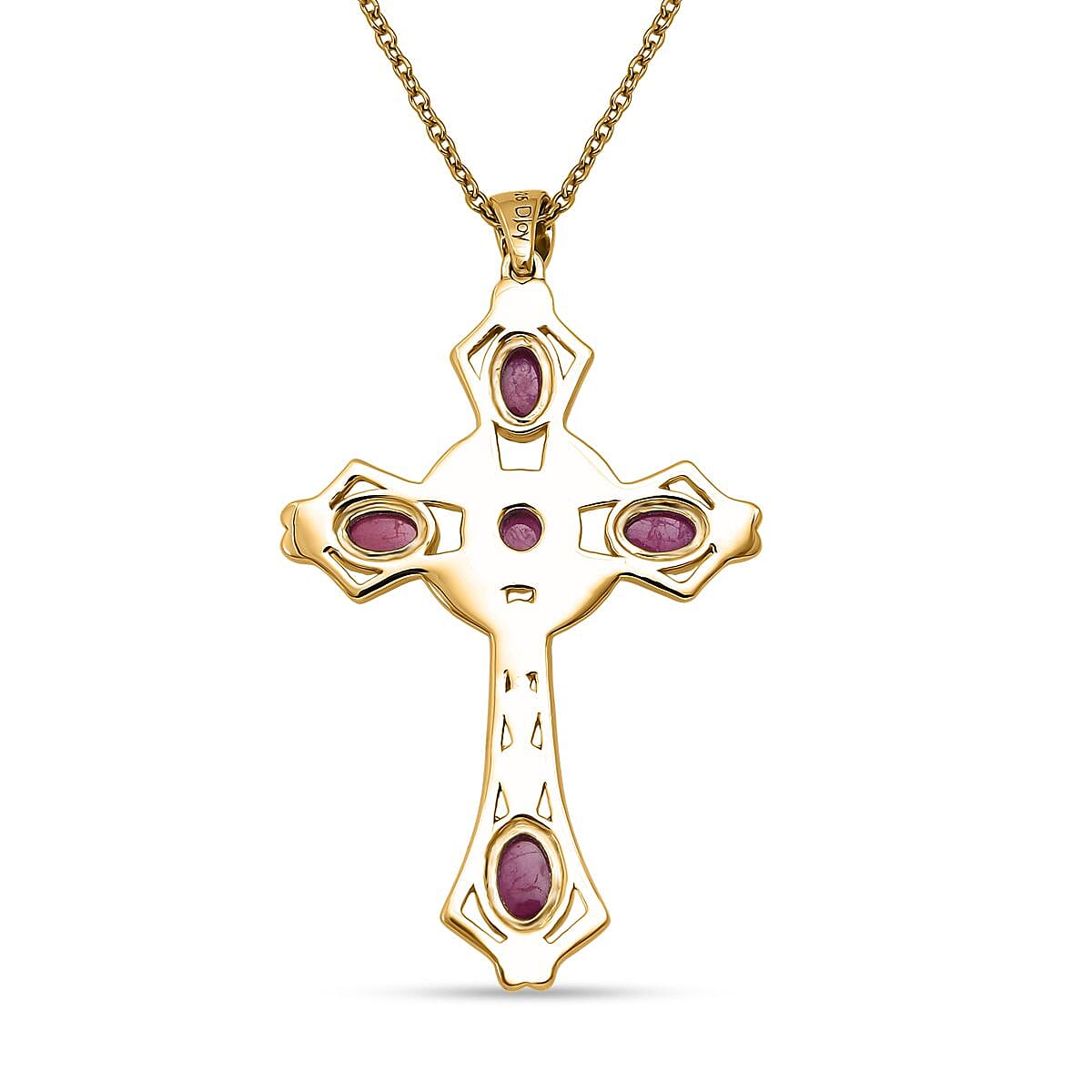 D'Joy African Ruby Cross Pendant with Chain (Size 20) in Yellow Gold Plated Sterling Silver 4.12 Ct.