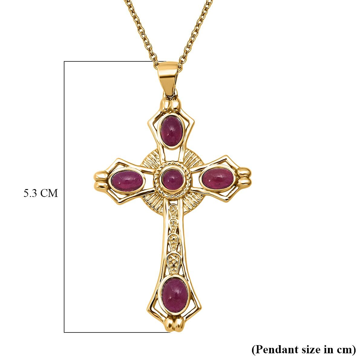 D'Joy African Ruby Cross Pendant with Chain (Size 20) in Yellow Gold Plated Sterling Silver 4.12 Ct.