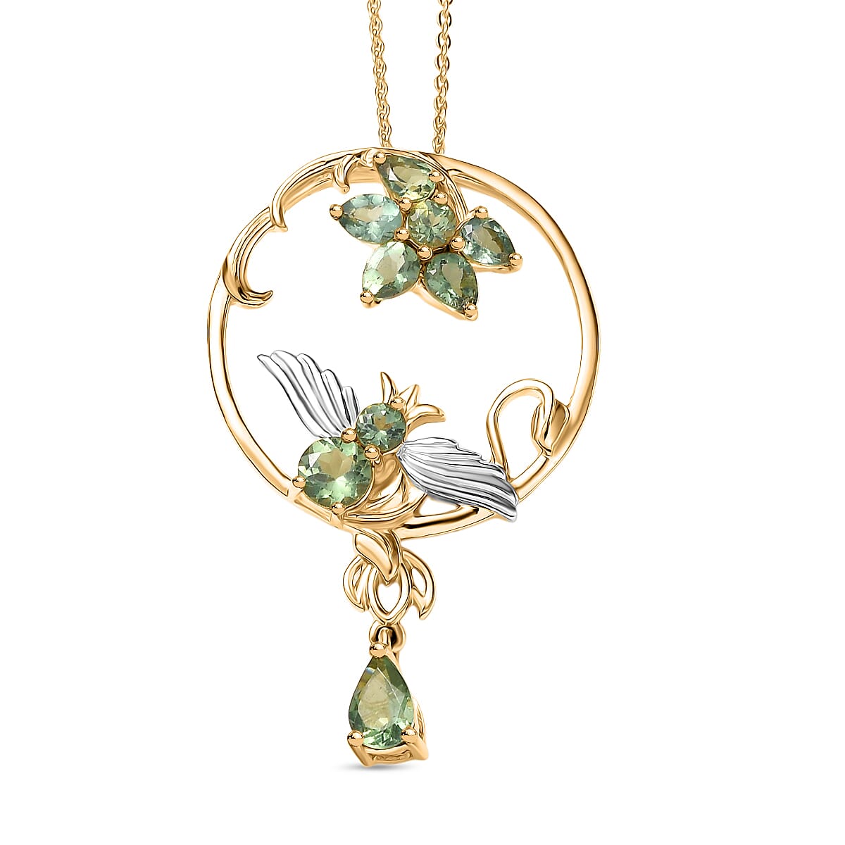 D'Joy Green Apatite Pendant with Chain (Size 20) in 18K Vermeil Yellow Gold Plated & Rhodium Overlay Sterling Silver 1.89 Ct, Silver Wt. 6.74 Gms.