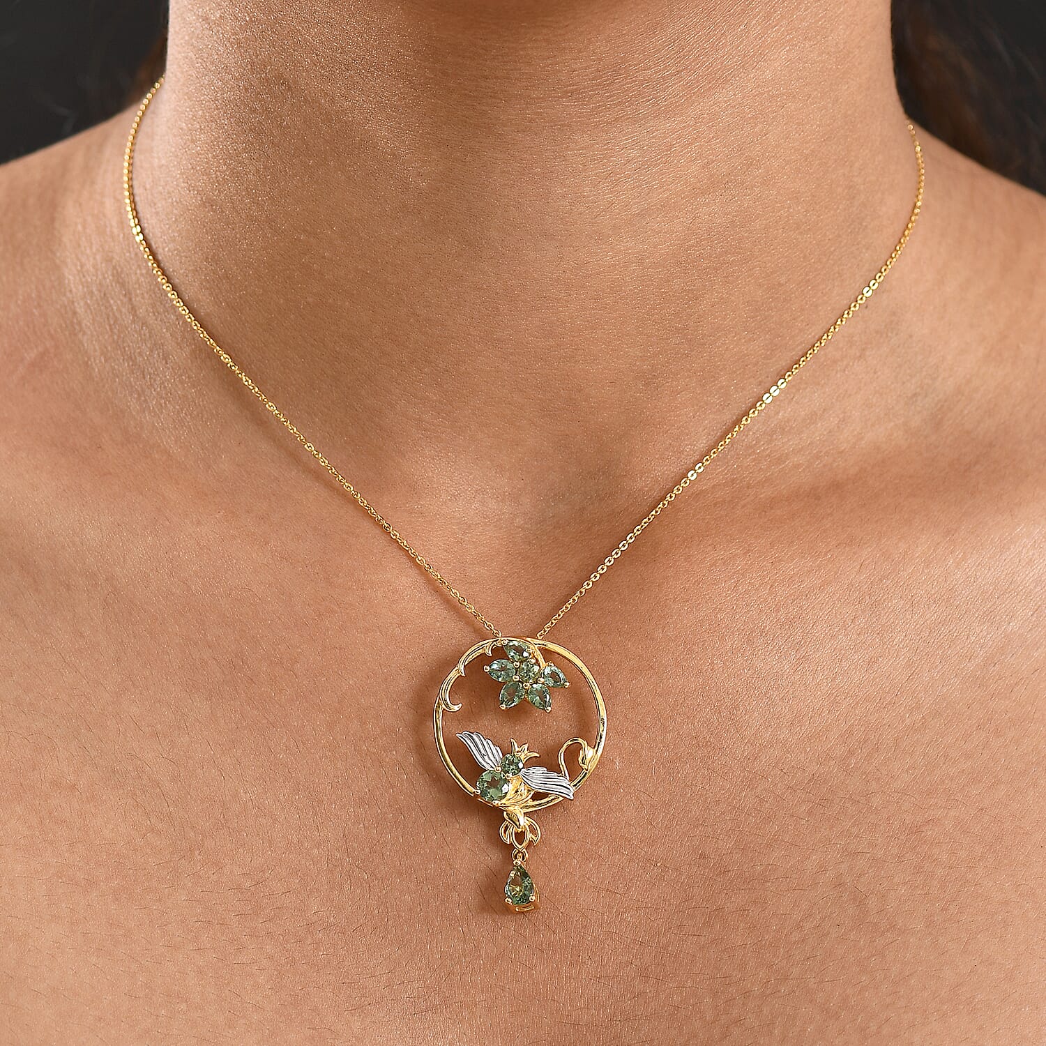 D'Joy Green Apatite Pendant with Chain (Size 20) in 18K Vermeil Yellow Gold Plated & Rhodium Overlay Sterling Silver 1.89 Ct, Silver Wt. 6.74 Gms.