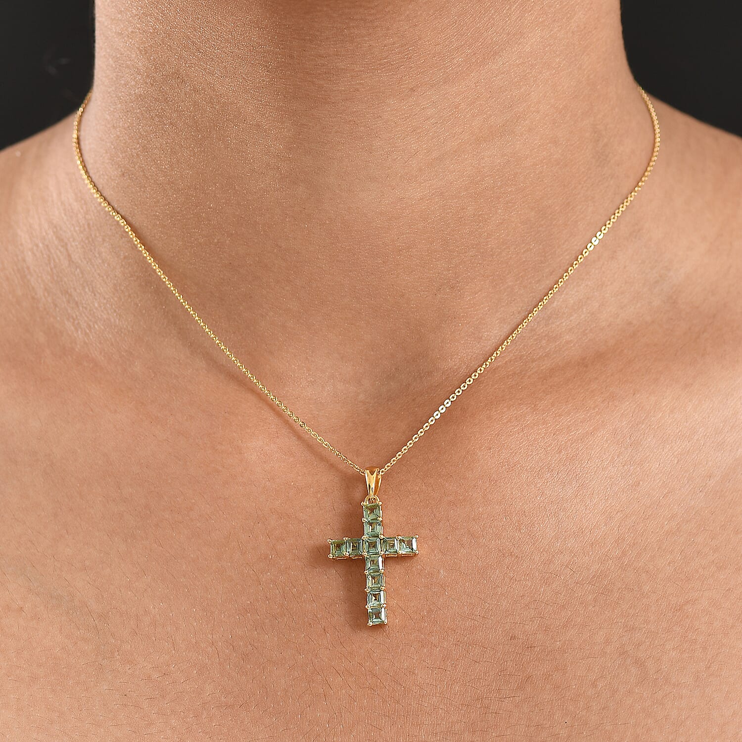 D'Joy Green Apatite Cross Pendant with Chain (Size 20) in 18K Vermeil Yellow Gold Plated Sterling Silver 1.85 Ct.