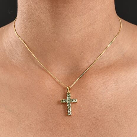 D'Joy Green Apatite Cross Pendant with Chain (Size 20) in 18K Vermeil Yellow Gold Plated Sterling Silver 1.85 Ct.